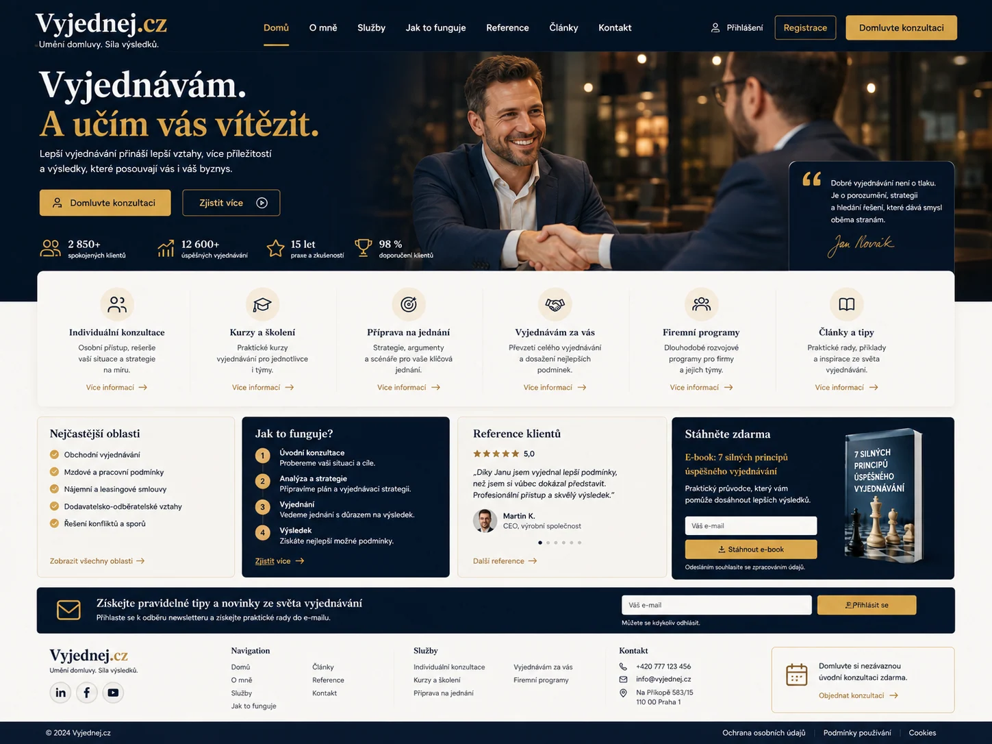 Ilustrační návrh Vyjednej.cz s konzultací a podáním rukou v modro-zlaté paletě